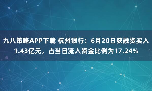 九八策略APP下载 杭州银行：6月20日获融资买入1.43亿元，占当日流入资金比例为17.24%